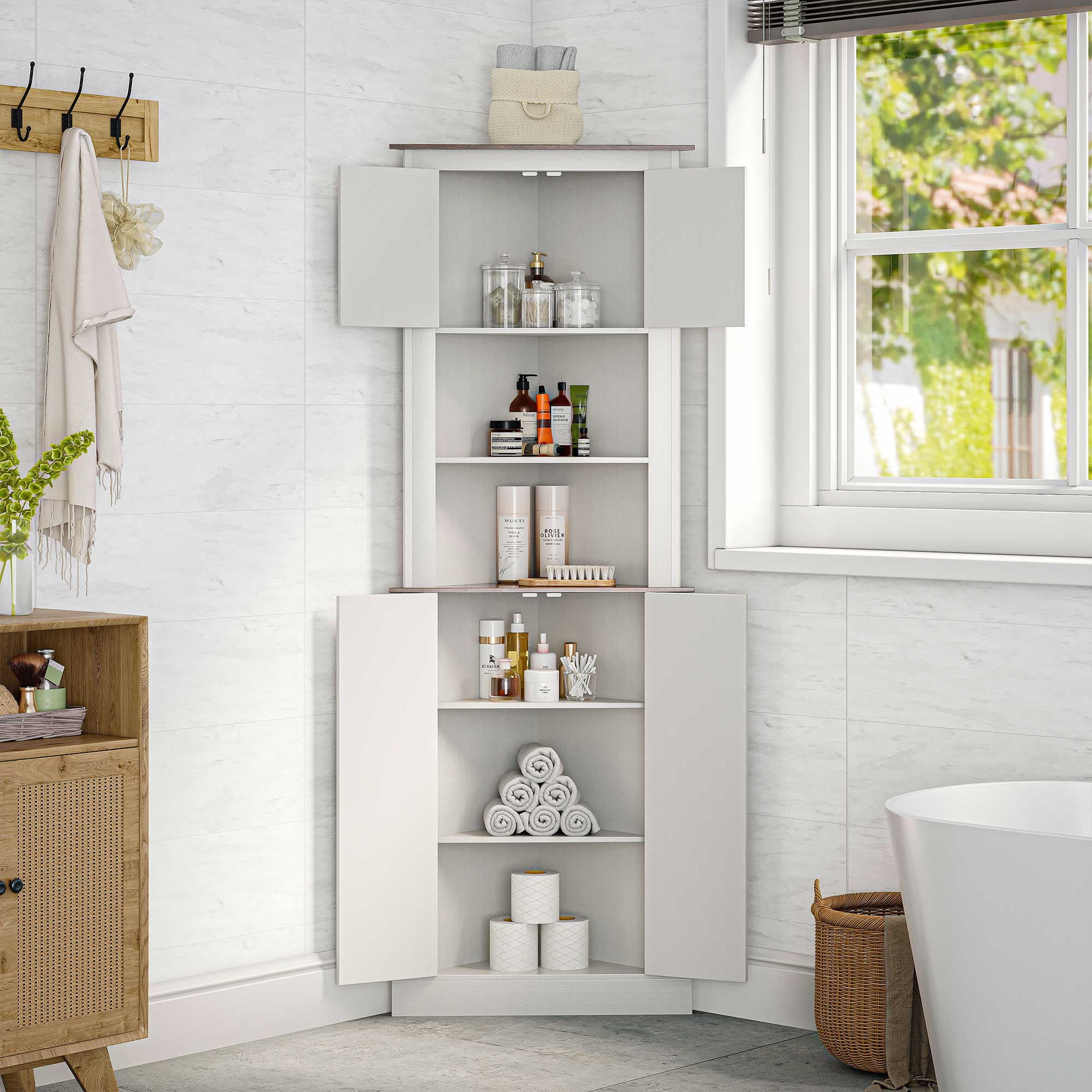 LAUSAINT HOME 67.7'' Tall Corner Cabinet, Corner Storage Cabinet with Barn Door Design & Adjustable Shelves, White
