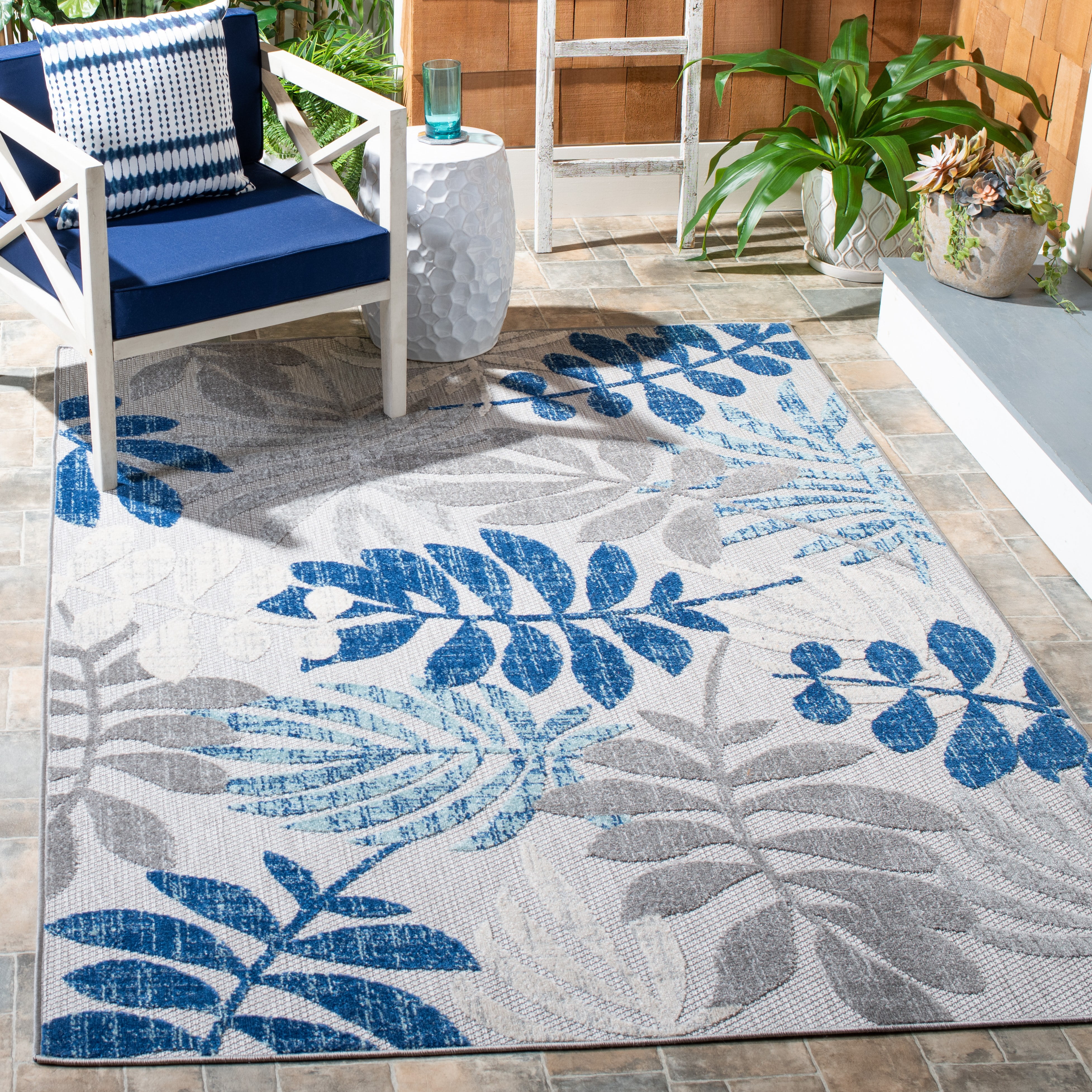 SAFAVIEH Cabana Elouise Botanical Indoor/Outdoor Area Rug, Grey/Blue, 5'3" x 5'3" Square