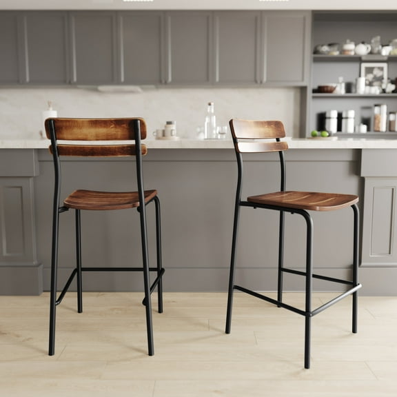 Emma Oliver Set of 2 Bar Stools with Black Metal Frames and Solid Wood Seats and Backs with Antique Copper Finishes