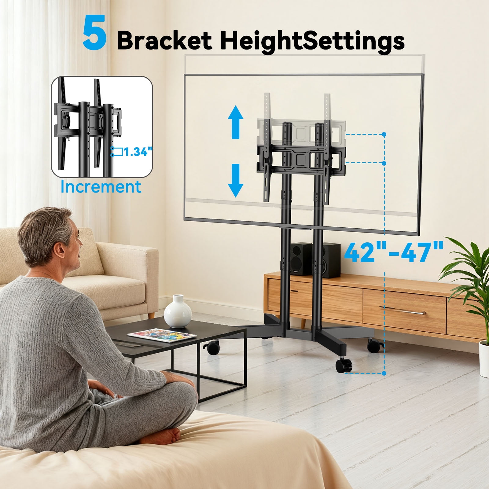 MountFTV Modern Rolling TV Stand Mount for 32-70 Inch TVs, Mobile TV Stand holds up to 88 lb with 5 Height Adjustable Mobile TV Cart with Tilt, Max 400x400mm Rolling TV Cart