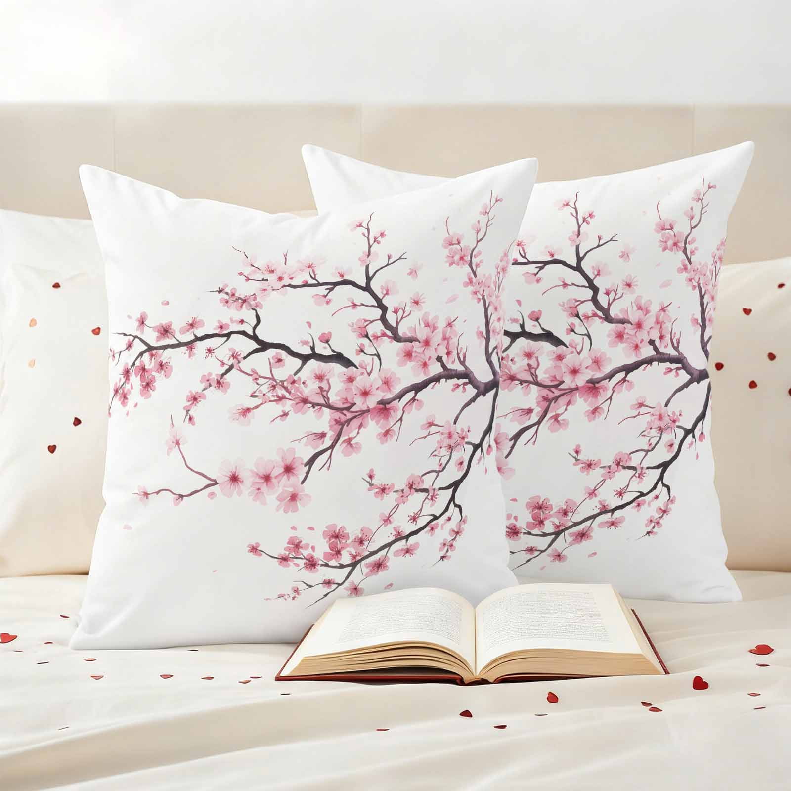 Cherry Flowers Pillow Covers 2 Pack Pink Floral Branch Spring Watercolors Pillowcase Waterproof Outdoor Throw Pillow Cover for Patio Garden Square Cushion 18”x18”