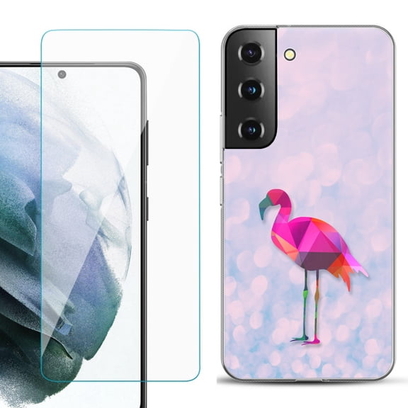 Slim-Fit TPU Fashion Phone Case for Samsung Galaxy S22 5G, with Tempered Glass Screen Protector, by OneToughShield ® - Flamingo / Polygon