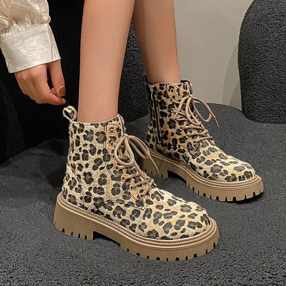 Bmisegm Leather Boots for Women Ladies Fashion Winter Vintage Suede Leopard Lace up Thick Heel Short Boots Boots for Women Brown 6.5