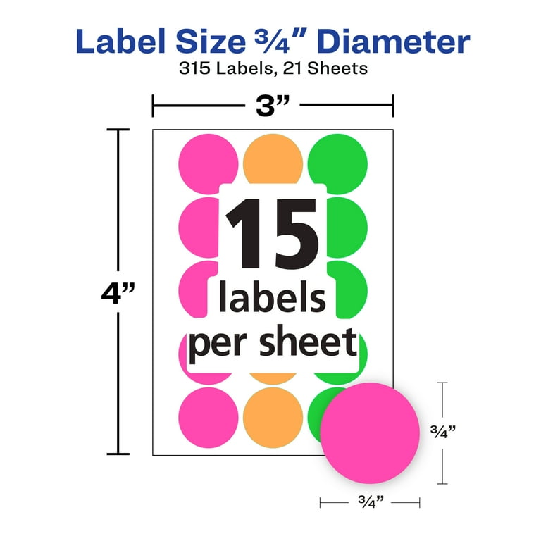 Avery Color-Coding Removable Labels, 3/4 Inch Round Labels, Assorted Neon Colors, Non-Printable, 315 Dot Stickers Total (6733) - Avery Dot Stickers, 3/4