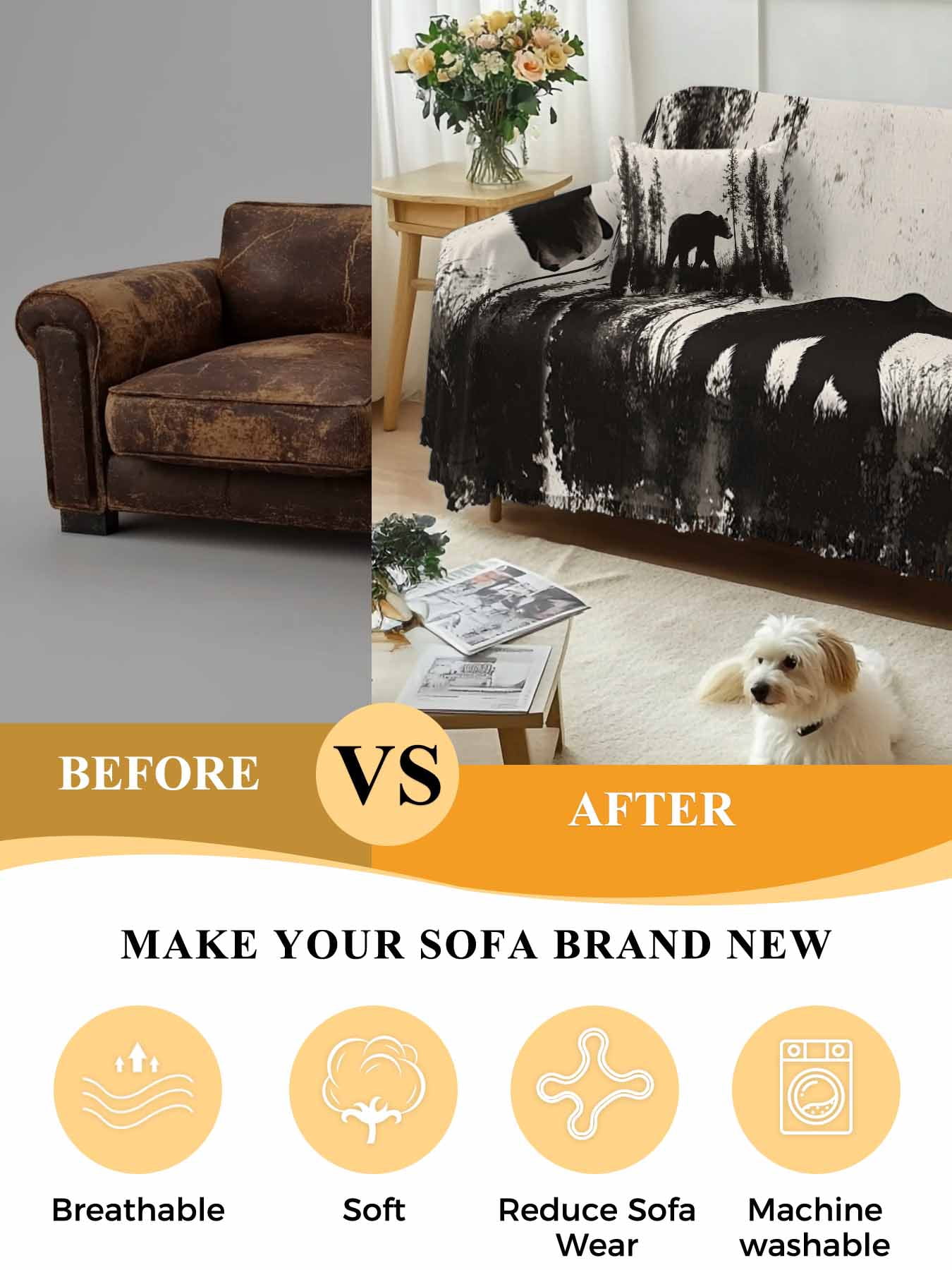 Black Bear Couch Cover, Vintage Forest Cabin Animals Silhouette Oversized Sofa Cover Blanket for 3 Cushion Couch, Sectional Sofa Slipcover Furniture Protector for Living Room Bedroom 71''x150''