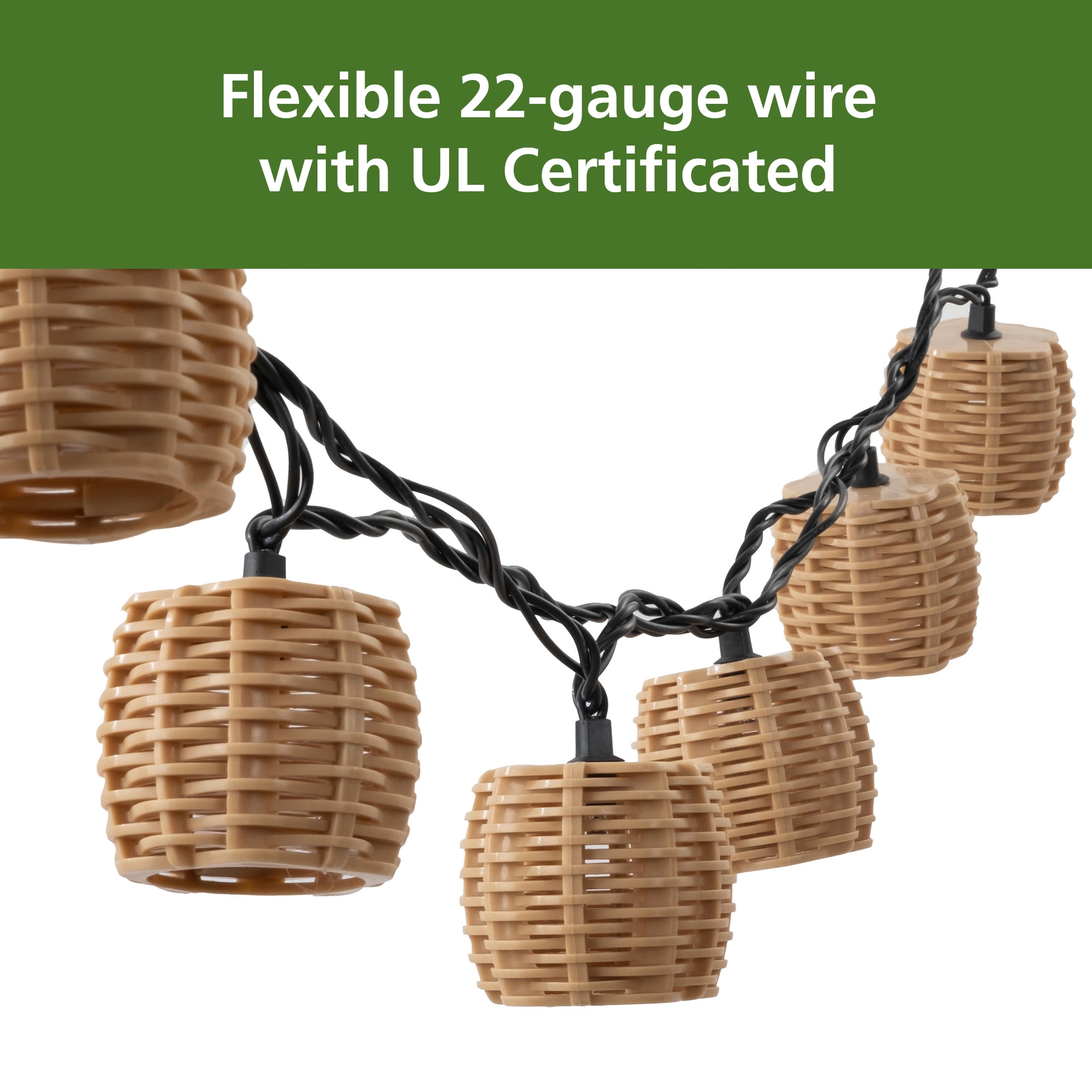 Mainstays 10-Light 7.4-Feet Plug-in Beige Rattan Outdoor String Lights