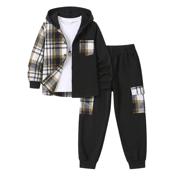 PureChapter Boys Clothing Sets Plaid Color Block Hooded Button Jacket & Jogger Pants 2-Piece Casual Outfits for Kids 7-15 Years