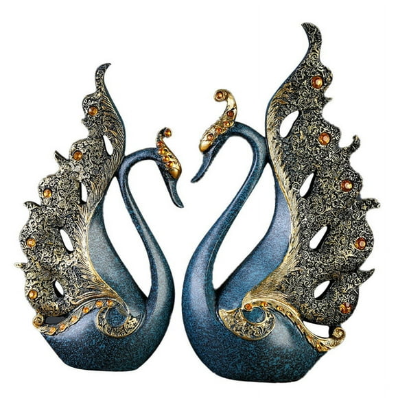 2PCS Peacock Ornaments Natural Resin Desktop Peacock Sculpture for Wine Cabinet TV Cabinet Home Blue 30cm/11.8in Height