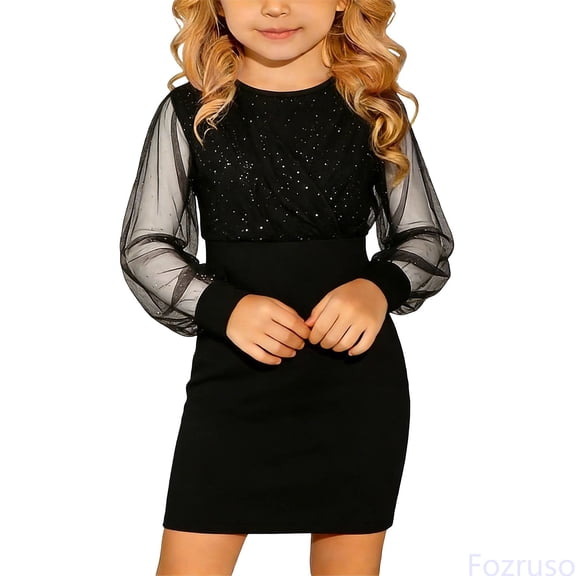 Fozruso Cute Girls Dresses Kids Glitter Dress Puff Long Sleeve Mesh Festive Dresses For Girl's Bodycon Sequin Dresses Dress Evening Dresses Elegant Mini Dress Party Sizes 7-8 Years