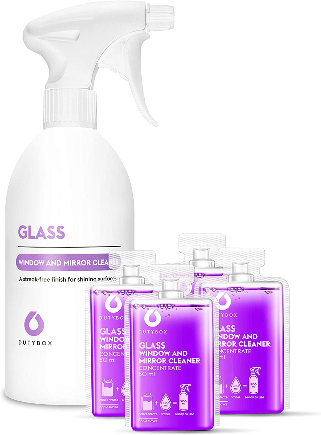 DutyBox Glass Window and Mirror Cleaner Reusable Spray Bottle with 4 Cleaning Concentrate