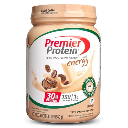 premier protein powder, café latte, 30 g de proteína, 1 g de azúcar, 100% proteína de suero, apto para ceto, sin ingredientes de soja, sin gluten, 17 porciones, 23,9 onzas — Bote frontal beige de Premier Protein sabor Café Latte con logotipo rojo, ilustración de café con leche y granos de café; etiquetas visibles: 30 g proteína, 150 calorías, 1 g azúcar y sello de cafeína; presenta 17 porciones y peso neto 23.9 oz (680 g).