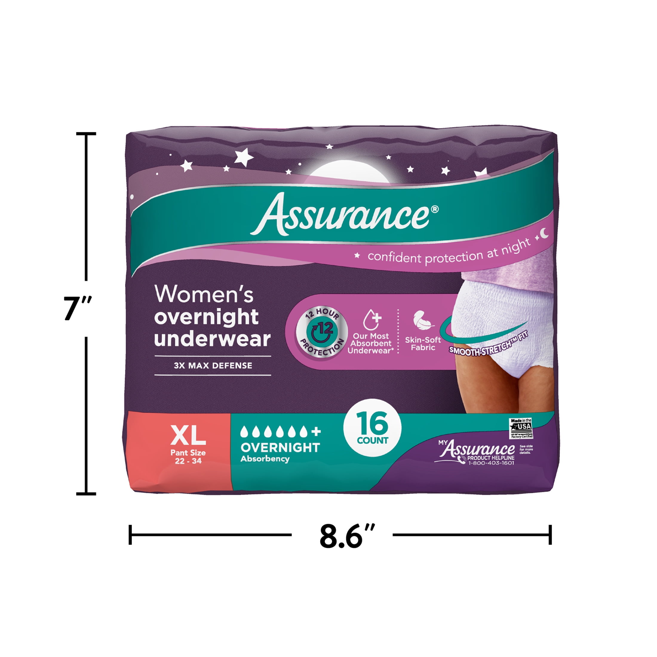 Assurance Women's Overnight Incontinence and Postpartum Underwear, XL, Ultimate Absorbency, 16 Count