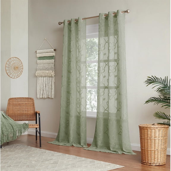 Dainty Home Rita 3D Floral Chenille Embroidered Solid Sheer Linen Look 76" x 84" Window Curtain Panel Pair in Olive Green