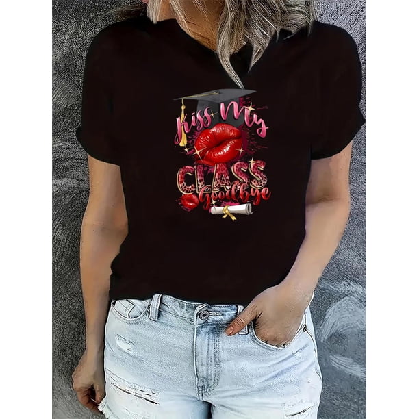 1pc Women'S Fashionable Geometric Pattern T-Shirt with Pink Leopard Print Lips, Casual Crew Neck, Knit Polyester Fabric, Medium Stretch, All-Season Comfort Fit
