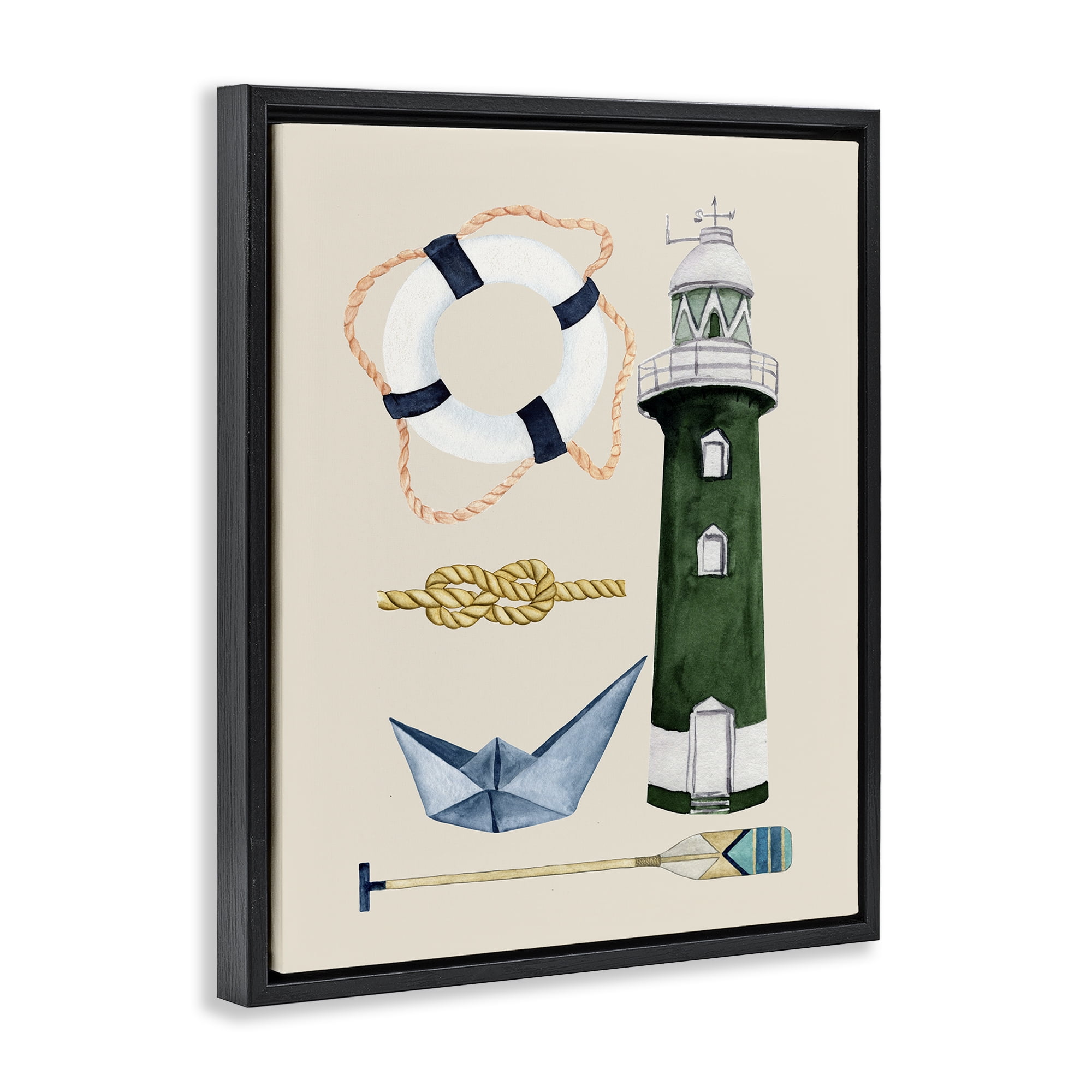 Stupell Industries Maritime Nautical Items Nautical & Beach Painting Black Floater Framed Canvas Art Print Wall Art, 17 x 21