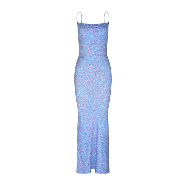 Vestido Largo de Verano Sexy Delgado Suspendente Impreso Falda Maxi sin Espalda, Vestido de Verano Sexy de Moda Y Fluido