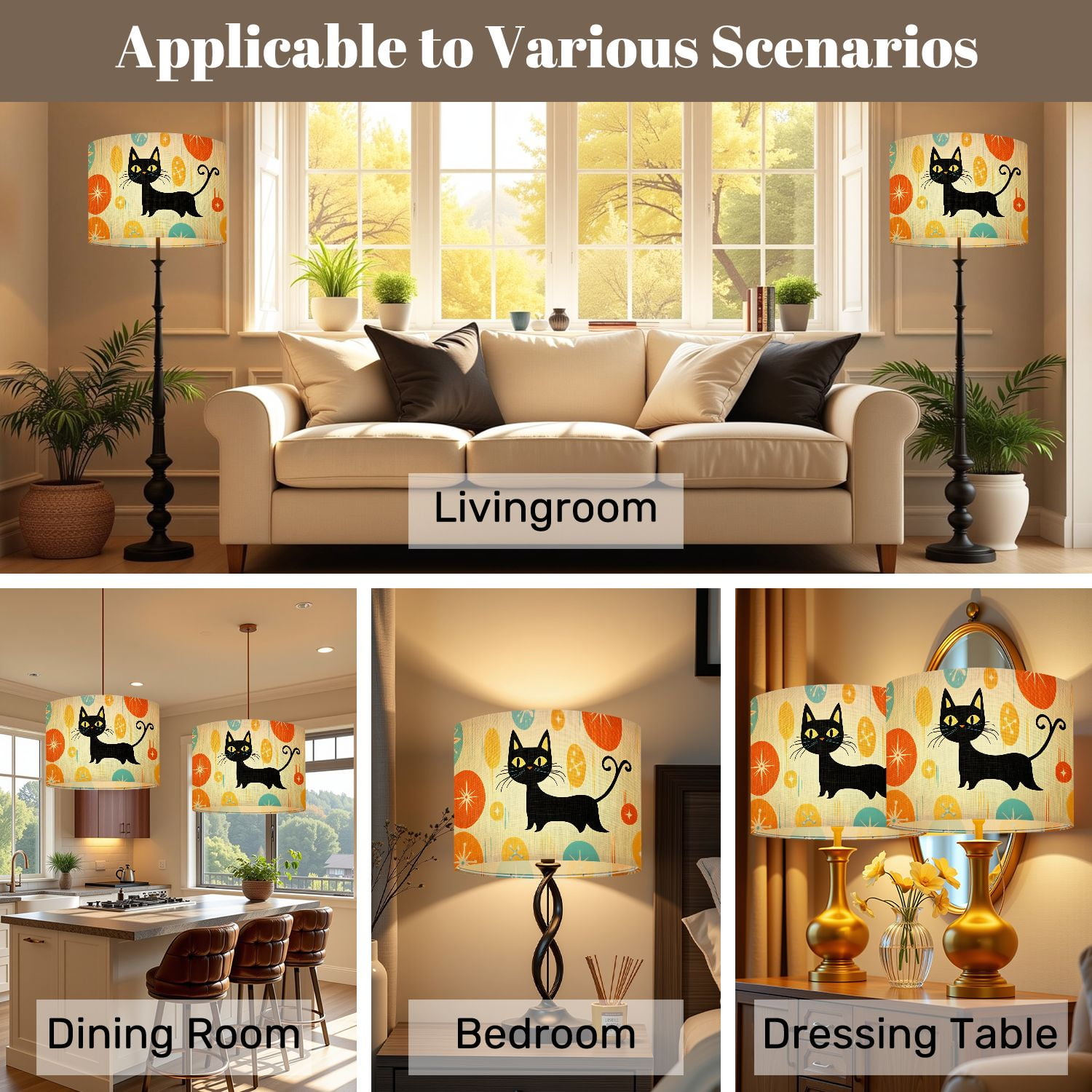 Lampshades 2 Pack Mid Century Black Cat Retro Atomic Starburst Modern Abstract Geometric 13"x13"x10" Light Shade for Table Lamps Floor Lamps Drum Lamp Shades Lampshade Replacement Easy Assembly