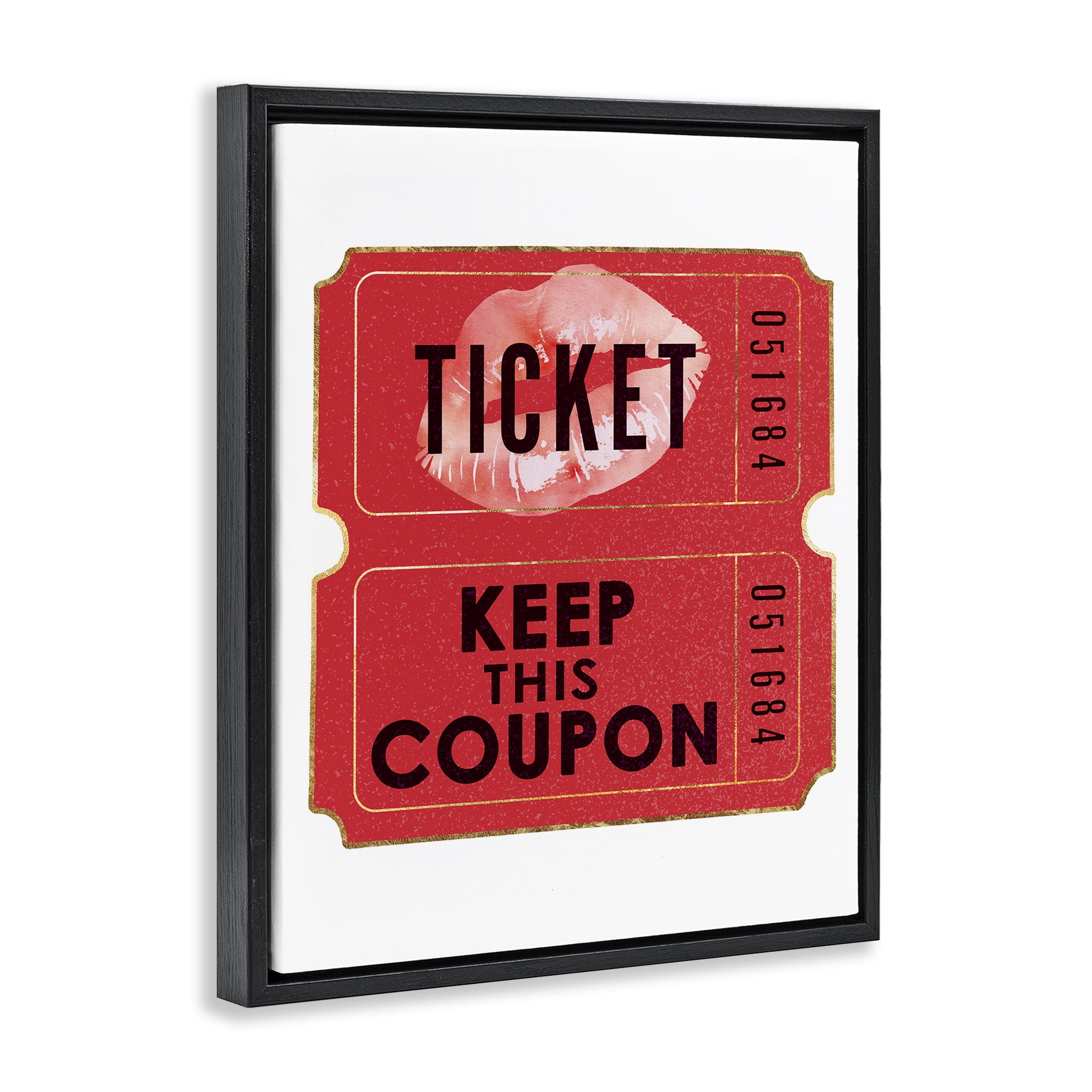 Stupell Industries Glam Kiss Ticket Novelty Painting Black Floater Framed Art Print Wall Art, 17 x 21