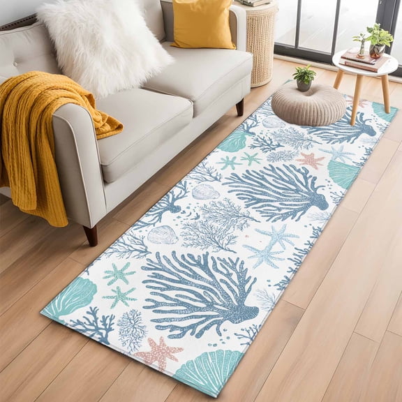 2'x6' Rug Runners for Hallways Kitchen, Blue Coastal Non Slip Entryway Beside Floor Carpet Runner, Summer Nautical Starfish Beach Coral Washable Laundry Room Bedroom Throw Rugs Mat for Family Pet