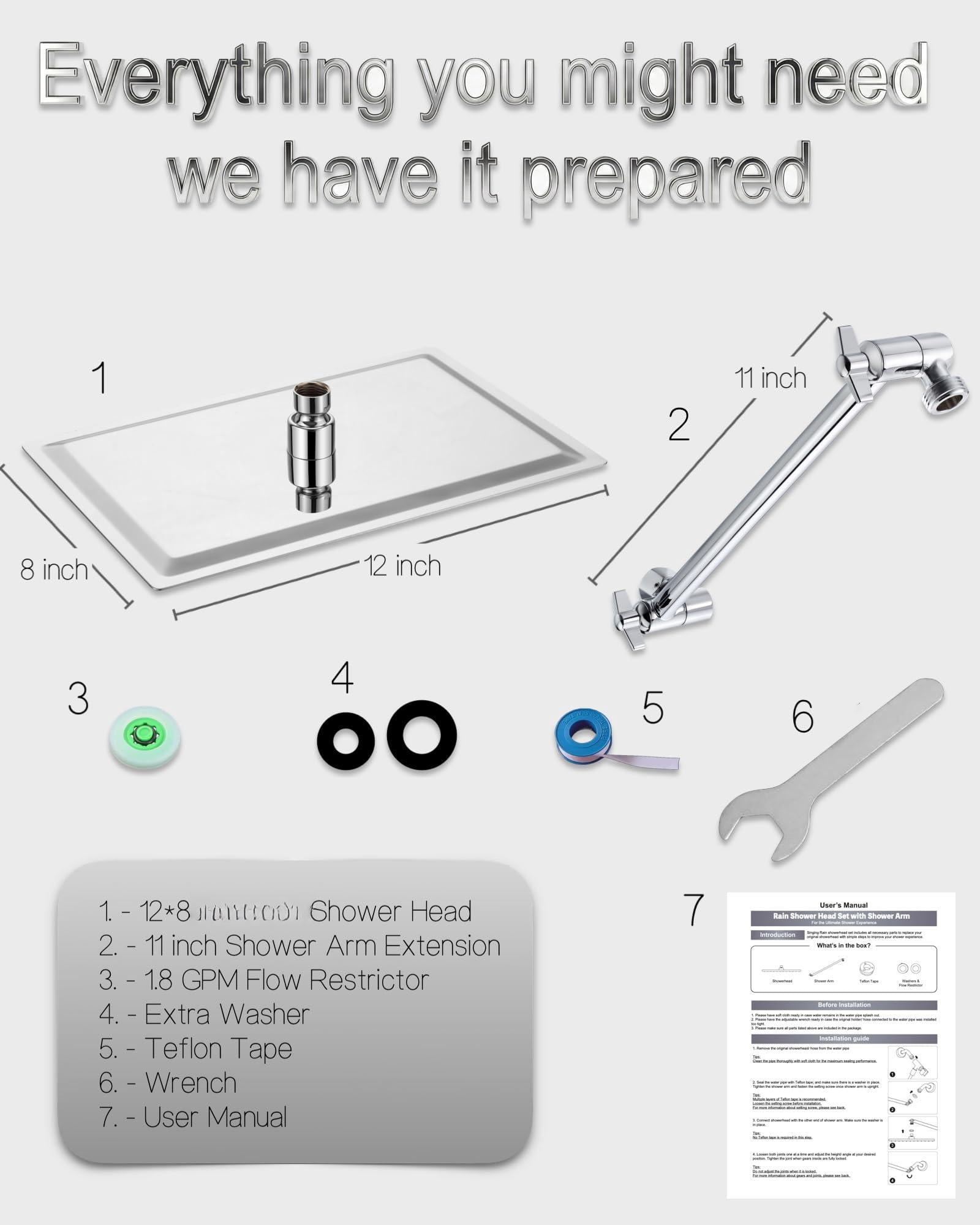 All Metal Rain Fixed Shower Head  12 * 8'' High Rainfall Rectangle Showerhead With 11" Extension Arm Waterfall Showerheads Chrome