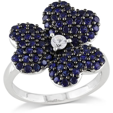 Tangelo 1-3/4 Carat T.G.W. Created White Sapphire and Created Blue Sapphire Sterling Silver Flower Ring