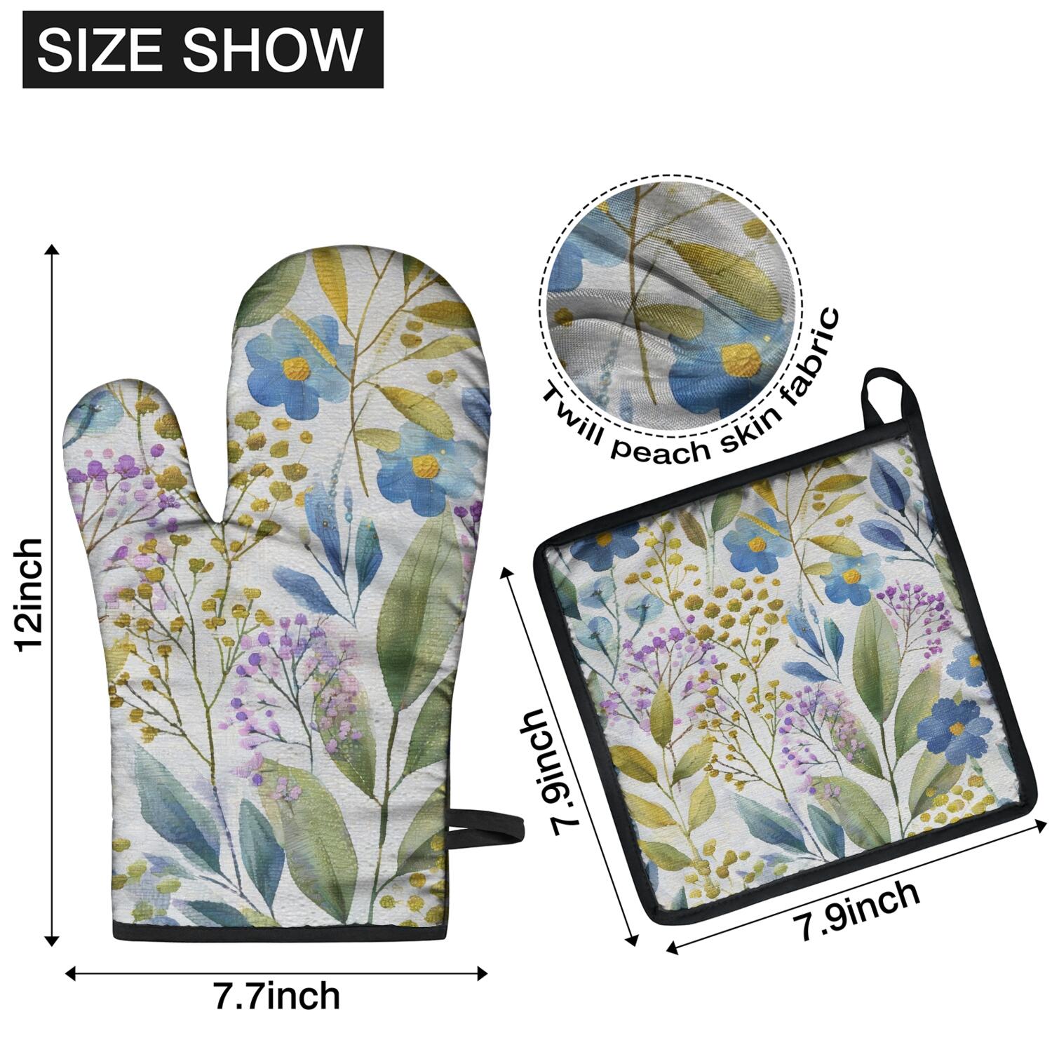 Floral Pattern Oven Mitts and Pot Holders Set Of 4, Heat Resistant Kitchen Gloves with Non-Slip Grip, Hanging Loop, Soft Cotton Lining for Baking, Cooking, Grilling, Barbecue