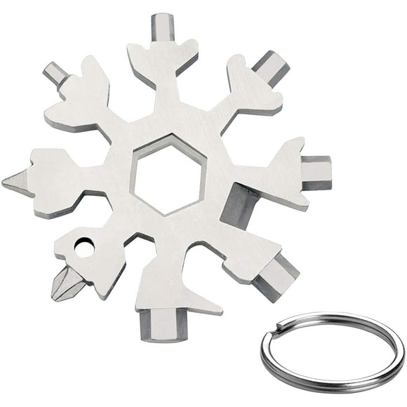 Outil Multifonction pour Flocon de Neige 18 en 1,Mini Multi-Outil Portable en Acier Inoxydable avec Porte-clés pour les Voyages en Plein Air Outil Quotidien, Cadeau Noel Homme (Argent)