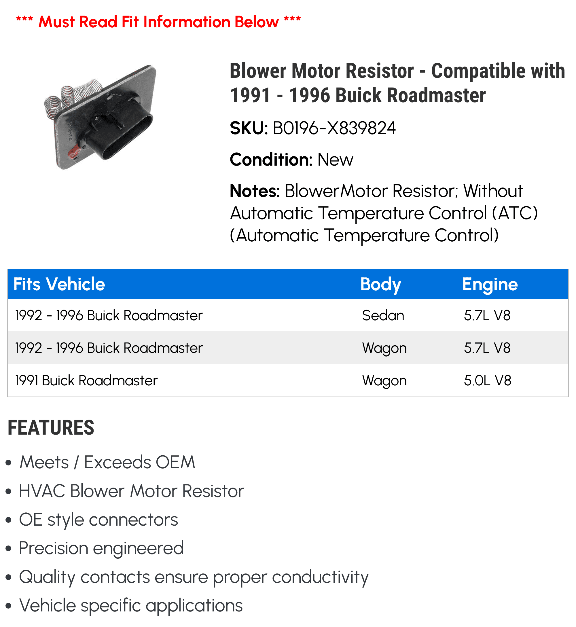 Blower Motor Resistor - Compatible with 1991 - 1996 Buick Roadmaster 1992 1993 1994 1995