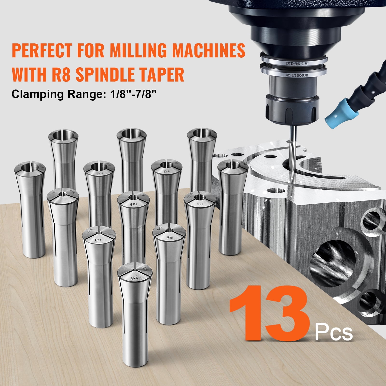 SKYSHALO 13-Piece R8 Collet Set, Sizes 1/8'' to 7/8'', Crafted from 45# Steel, Precision within 0.0012''/30μm TIR, Includes Labeled Storage Cases, Suitable for Milling Machines, Drill Presses