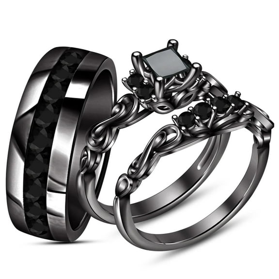 Silver & Stone Jewels 14K Black Gold Finish Princess Cut Cubic Zirconia Men & Women Trio Ring Set For Wedding