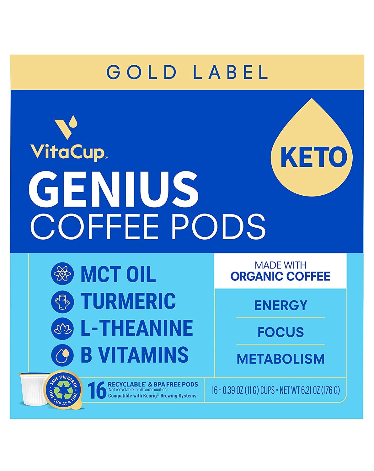 Vitacup Genius Organic Coffee Pod Gold Label With Mct Turmeric L Theanine B D3 Vitamins For Keto Energy Focus Metabolism In Recyclable Single Serve Pods Compatible With K Cup Brewers 16 Ct