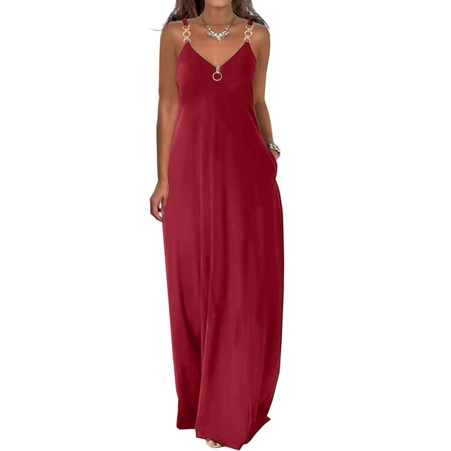EGNMCR Robes de Vacances pour Femmes Robes d'Été pour Femmes Décontractées Boho Couleur Unie à Bretelles Anneau Plage Longue Robe Maxi avec Poches