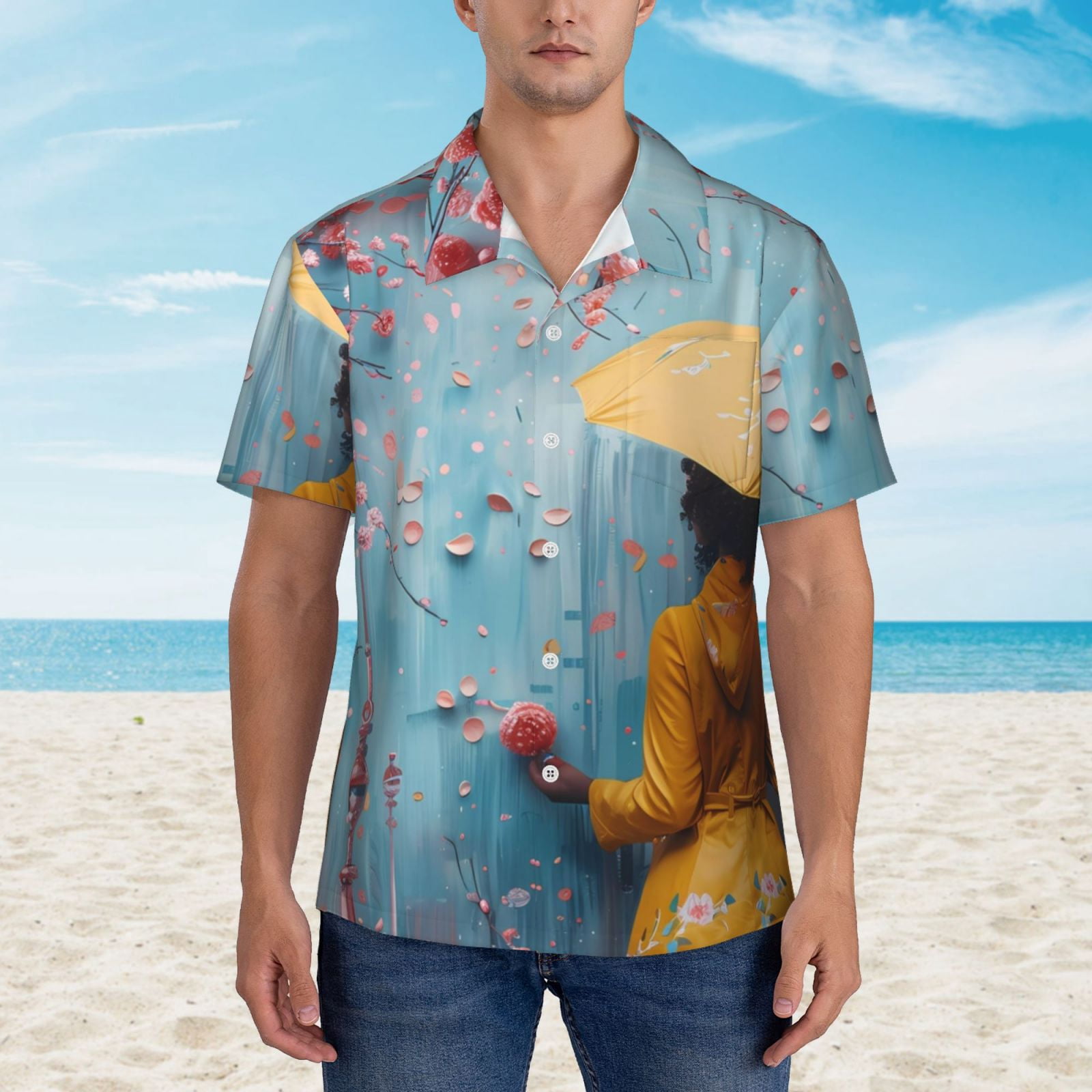 Logiee Woman Under Blossoming Tree Print Mens Hawaiian Shirts,Loose-Fit Short Sleeve Button Down Tropical Aloha Beach Shirt,Summer Vacation Wedding Tops,Large