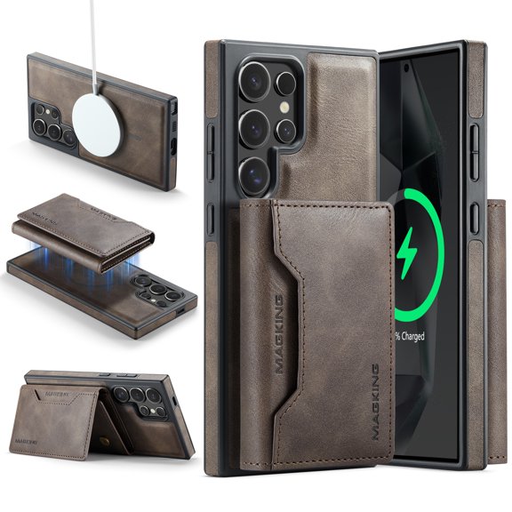 2 in 1 Detachable Magnetic Phone Cases Compatible with Samsung Galaxy S25 Ultra Case with Card Holder RFID Blocking, Compatible with Magsafe Wallet, Vintage PU Leather Protective Cover, Coffee