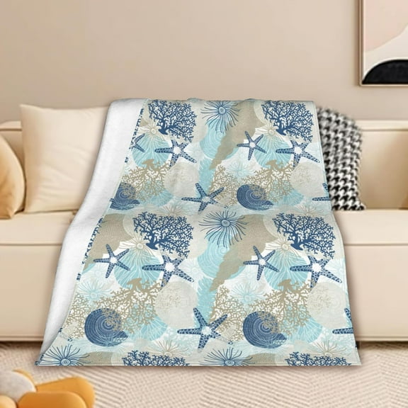 Nautical Coastal Throw Blankets Starfish Seashell Coral Flannel Blanket Throw for Adults,Beach Theme Lightweight Soft Cozy Blanket for Couch Sofa Bed Room Decor 50" x 60"