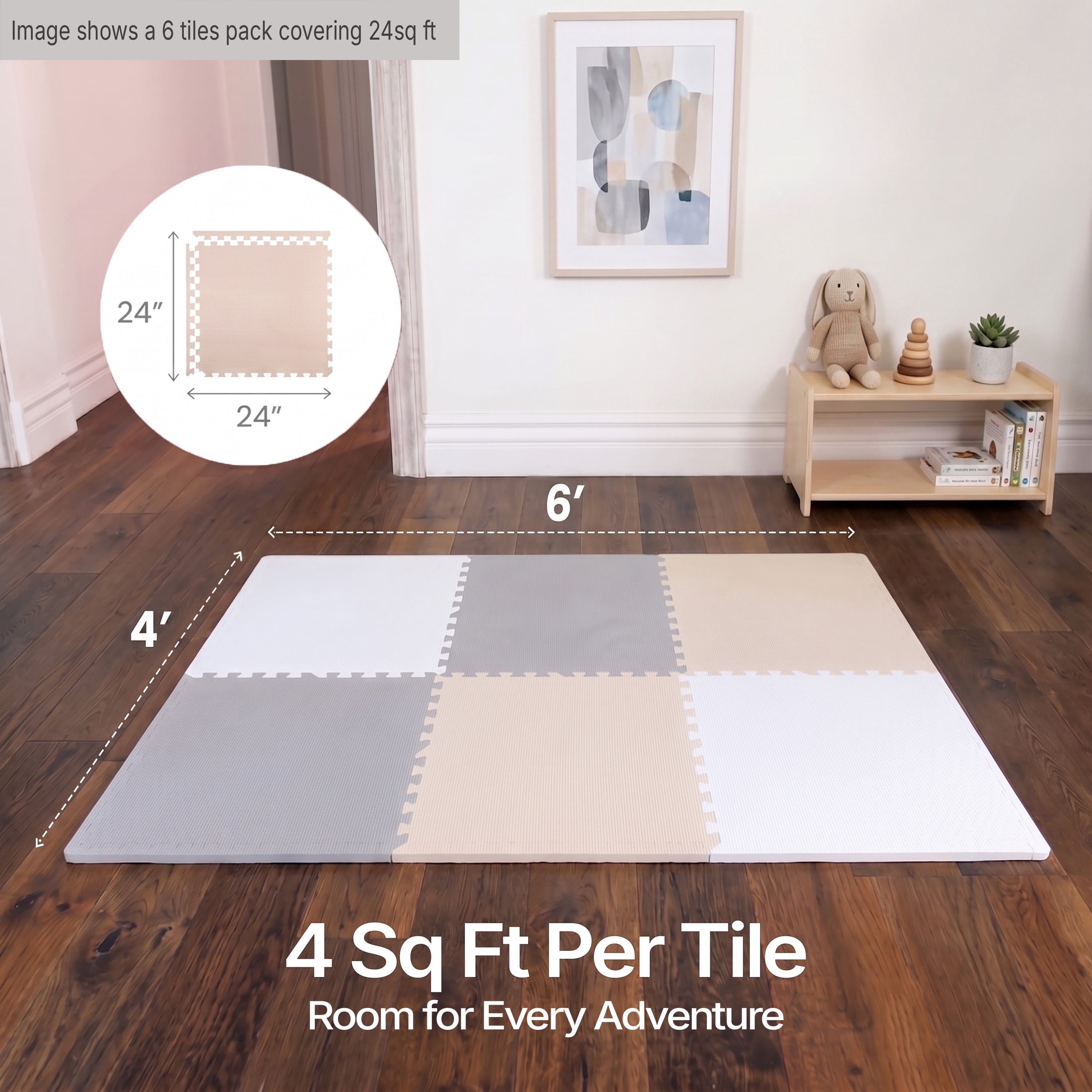 FlooringInc's Rainbow & Natural Harmony Playmat - Kid Safe Foam Floor Tiles with Removable Edges - 2'x2', 1/2" Thick (Earthy, 6 Tile Pack)