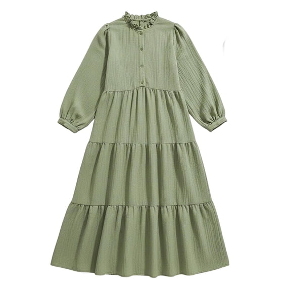 Ticikt Summer Long Sleeve Maxi Dresses for Girls 2026 Casual Boho Button Ruffle Neck Tiered A Line Flowy Dress