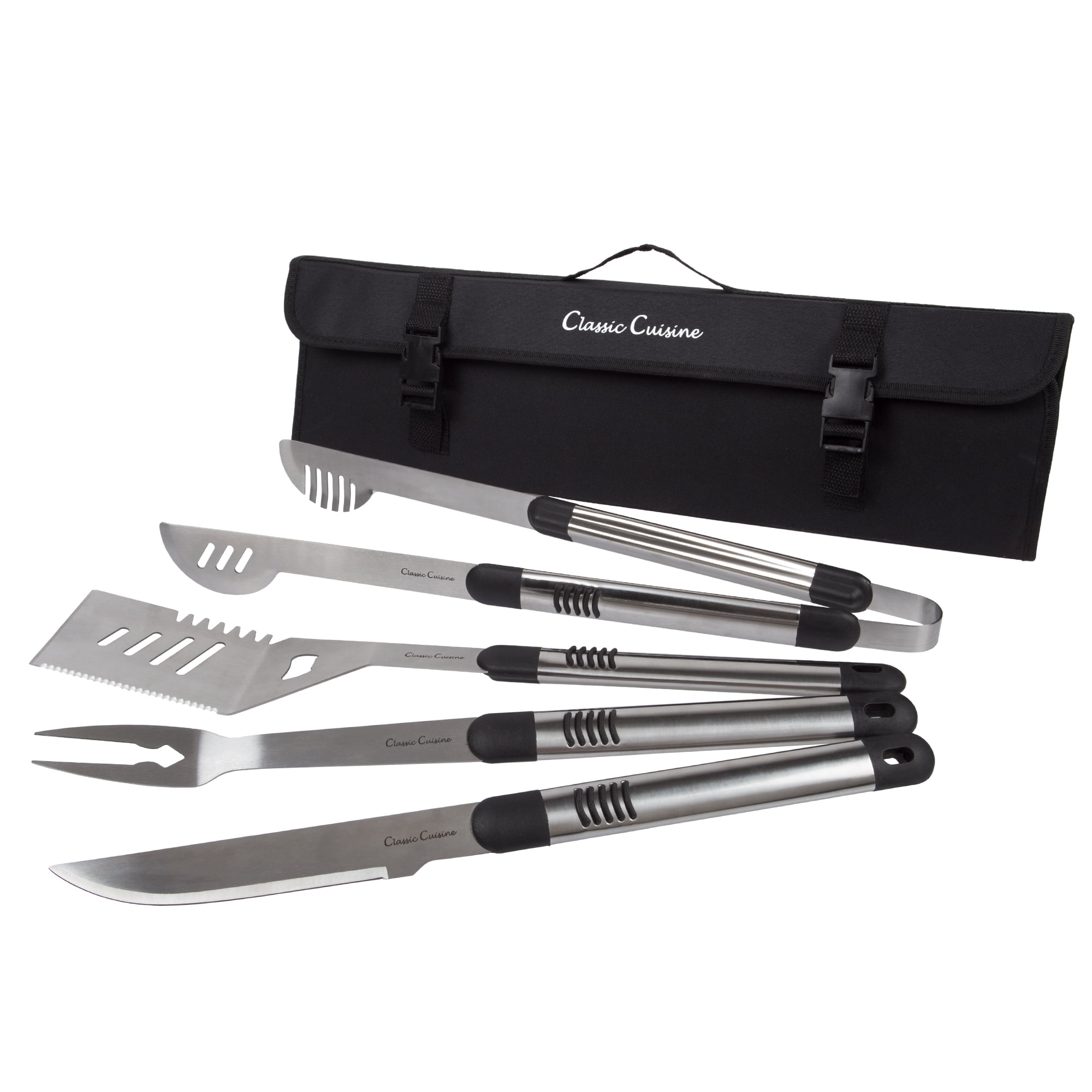 BBQ Grill Tools 5 Piece Stainless Steel Set, Barbecue Grilling Utensils Kit  in Heavy Duty Nylon Travel and Storage Roll Bag by Classic Cuisine