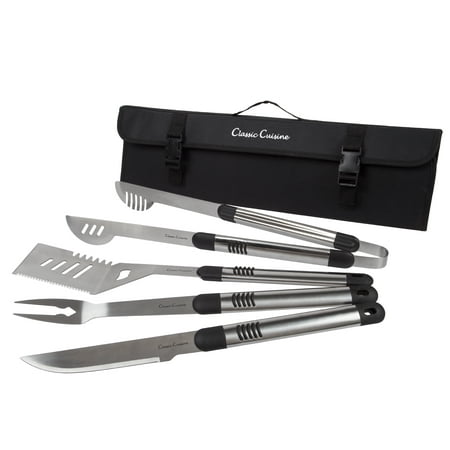 BBQ Grill Tools 5 Piece Stainless Steel Set, Barbecue Grilling Utensils Kit in Heavy Duty Nylon Travel and Storage Roll Bag by Classic