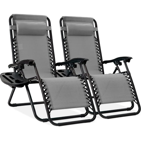 Set of 2 Adjustable Steel Mesh Zero Gravity Lounge Chair Recliners w/Pillows and Cup Holder Trays - Ice Gray