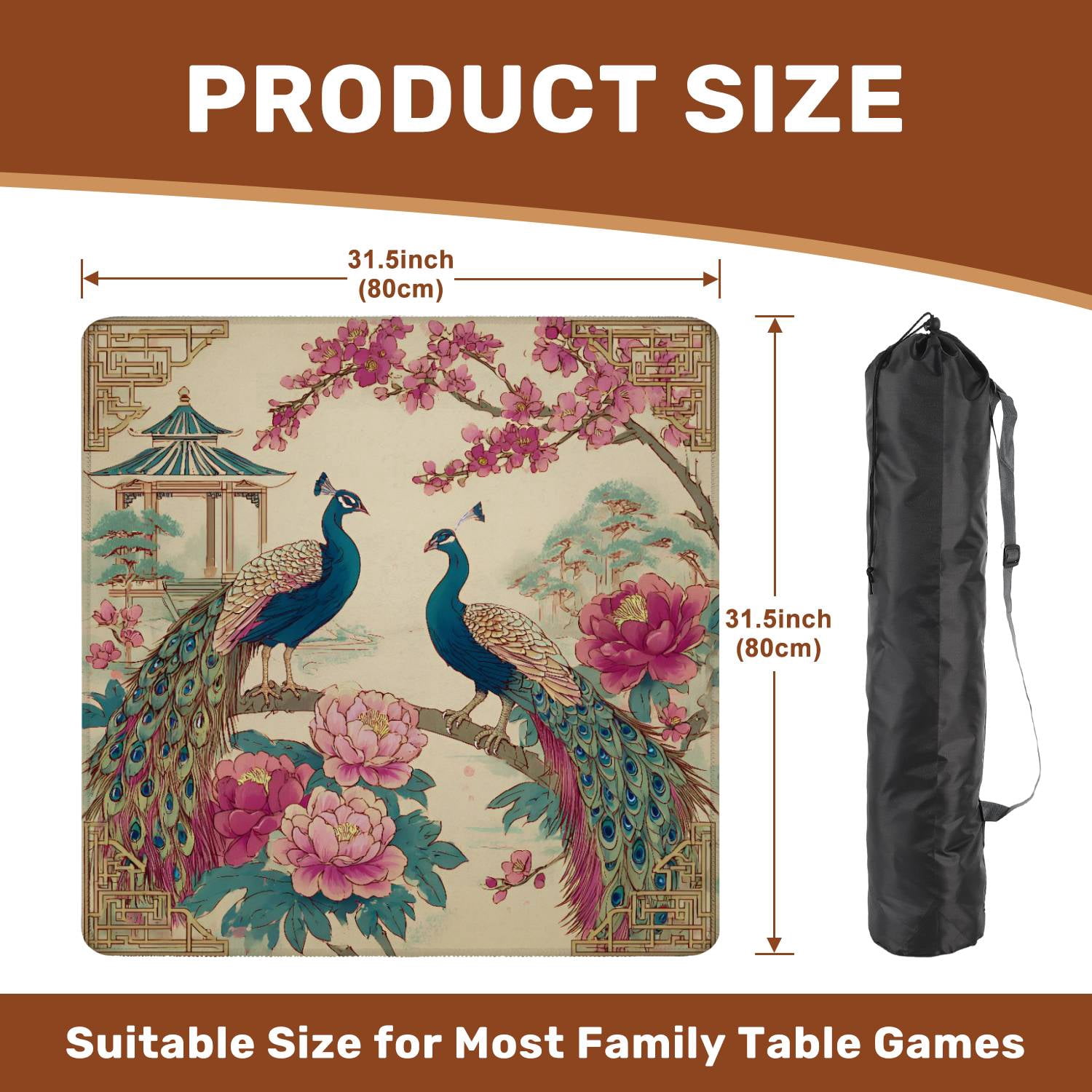 Mahjong Mat 31.5" x 31.5" Peacock Blossoming Flowers Traditional Chinese Landscape Non-Slip Noise Reduction American Mahjong Tiles Table Cover for Dominoes Poker Card Board Games Gift