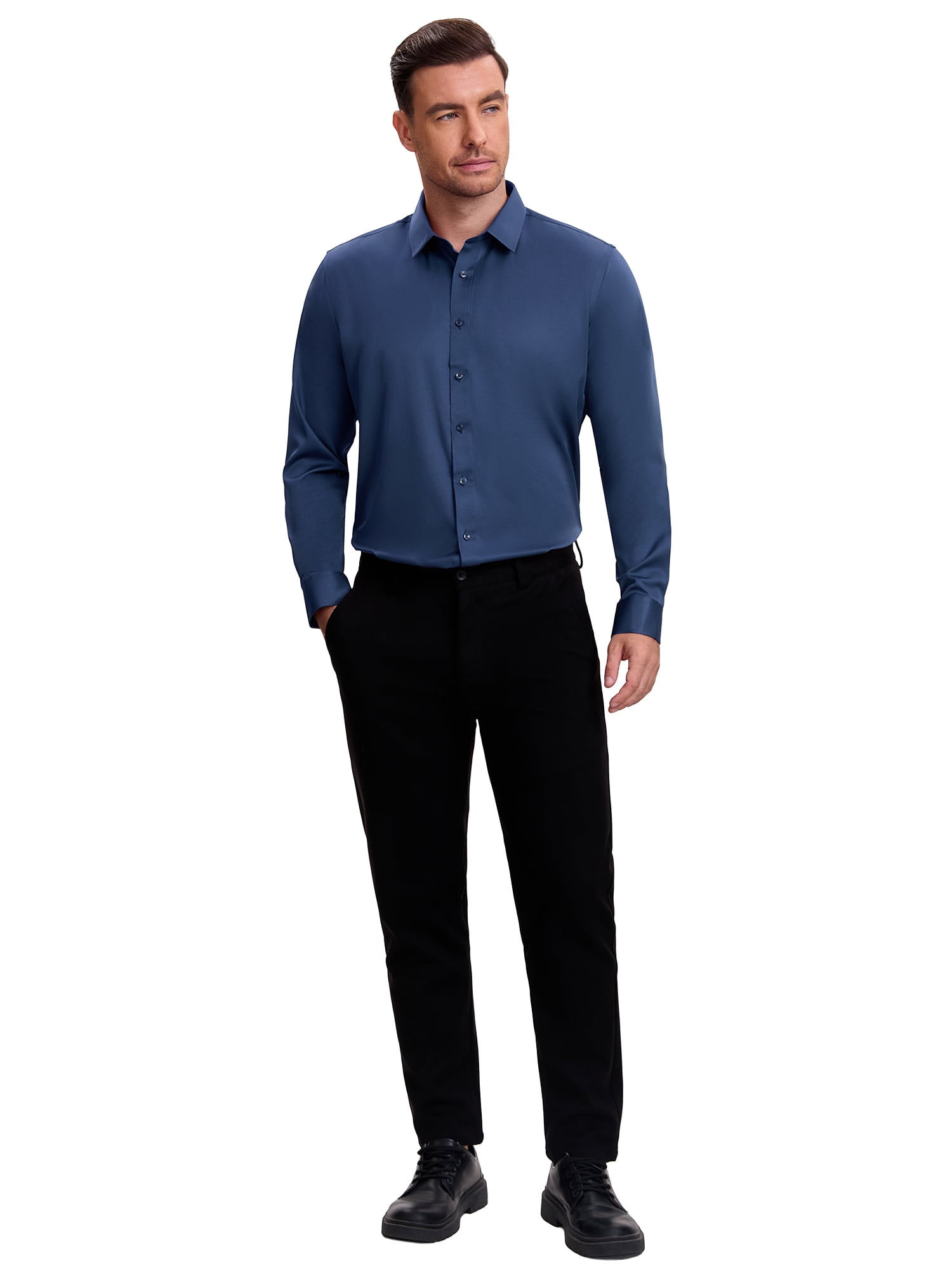 DARING DIVA Men's Point Collar Long Sleeve Button Down Formal Shirts 2XL Dark Blue