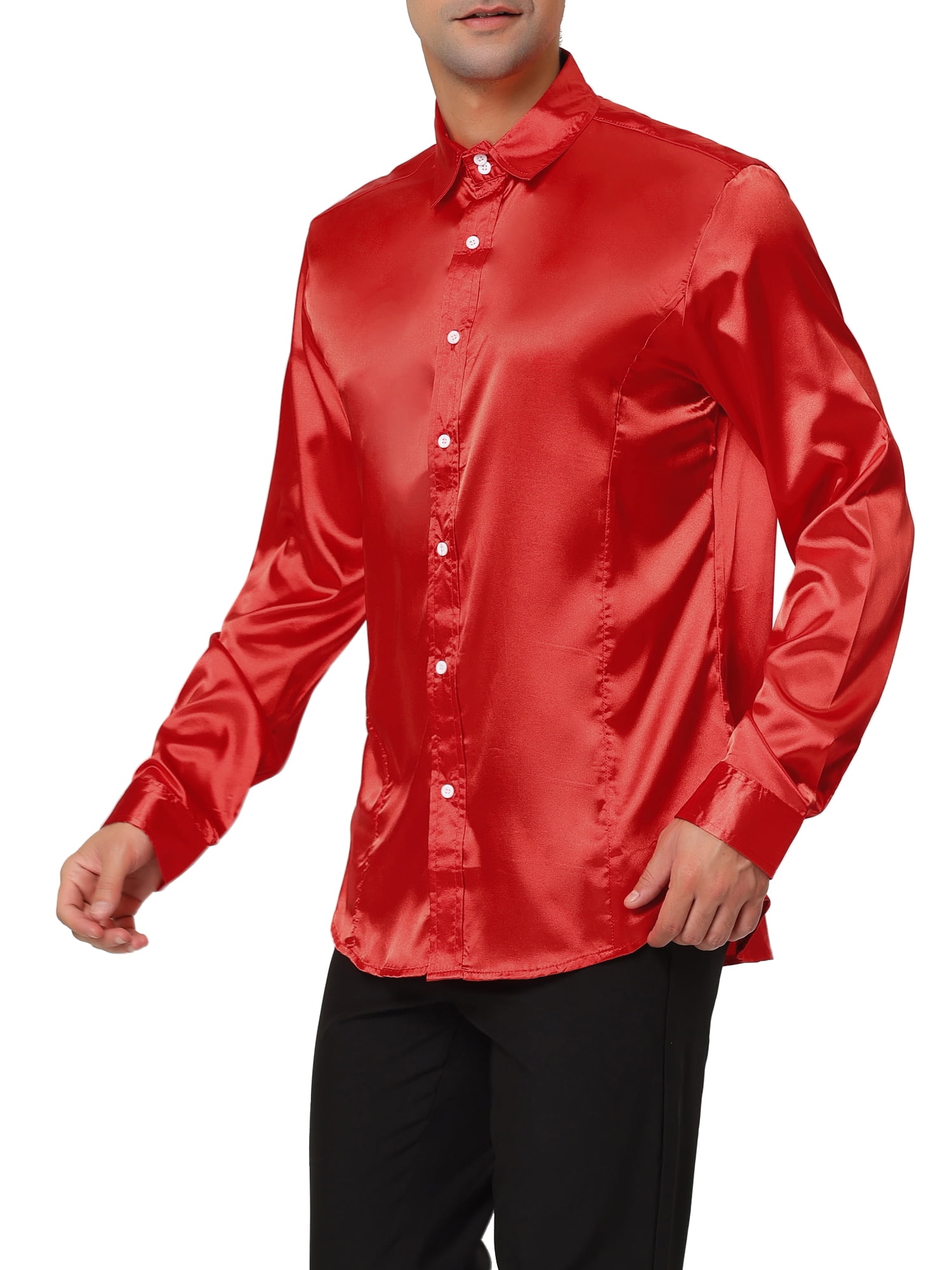 Unique Bargains Men's Satin V Neck Long Sleeves Button Down Prom Shirts S Bright Red
