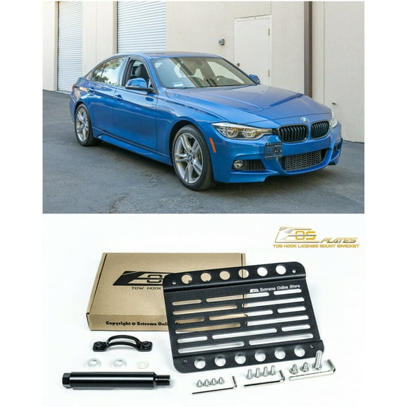 Extreme Online Store Replacement for 2016-2018 BMW F30 F31 3-Series M-Sport Bumper Models | EOS Plate Version 1 Mid Sized Front Bumper Tow Hook License Plate Relocator Mount Bracket 