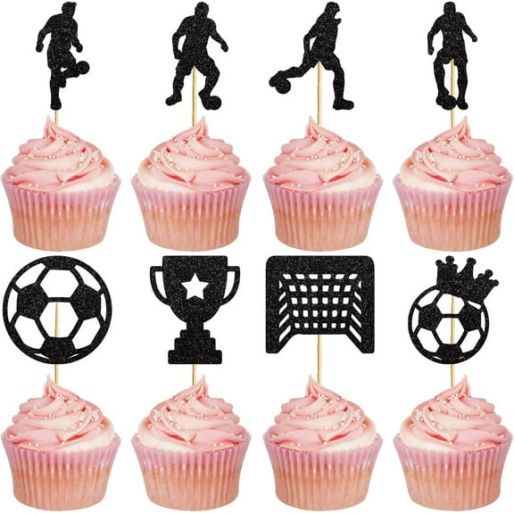 24 PCs Soccer Cupcake Toppers Glitter Soccer Ball Cupcake Picks Sport Cake Decorations Football Theme Birthday Party Gathering Shower Men Birthday Party Favors Supplies Black 2.7x2.7 Inch