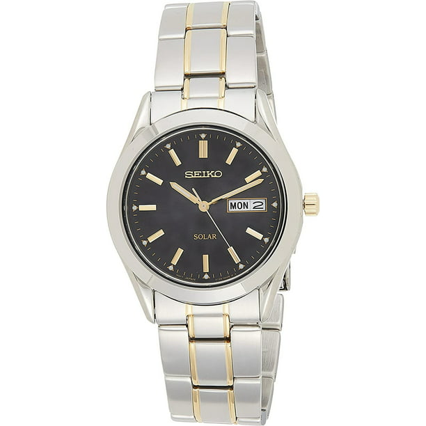 Seiko Men's Solar Two-tone Watch - Stainless Bracelet - Black Dial - SNE047  