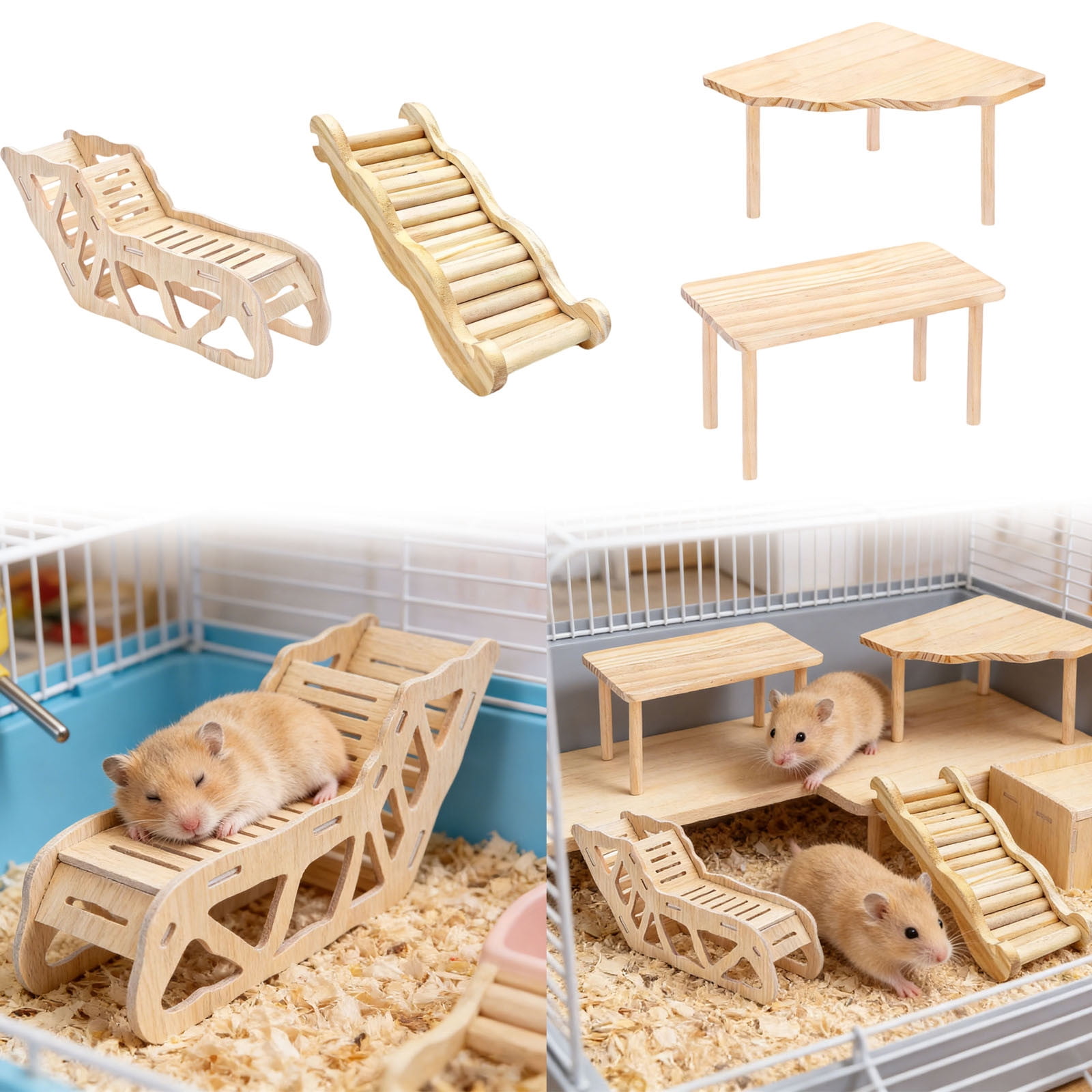 Hamster Playground Wooden Cage Set with Ladder Tunnel Shelter for Gerbils Mice Small Animals Squirrels Indoor Interactive Toy 4PCS