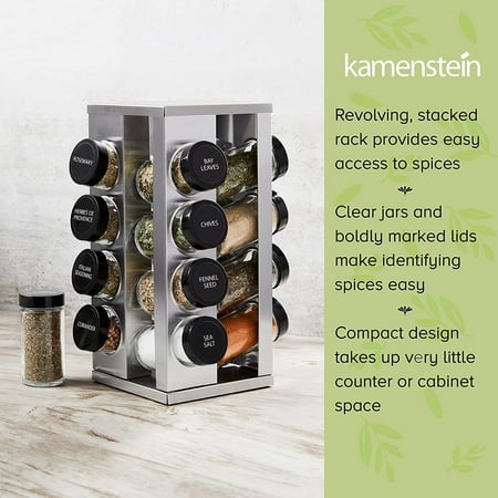 Kamenstein Criss-Cross Pine Spice Rack with 10 Pre-Filled Glass-Jars 