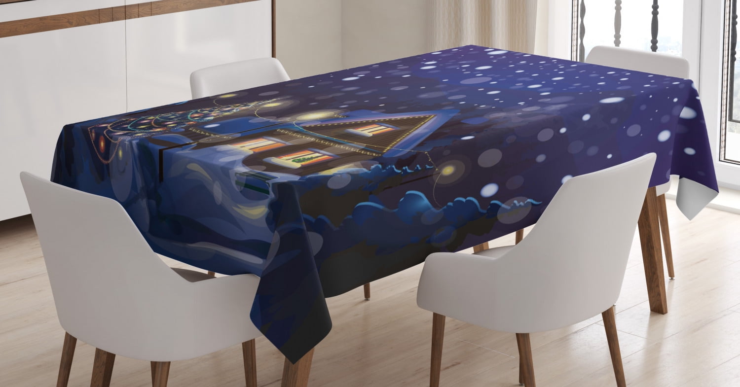 Christmas Tablecloth, Winter Night Country Landscape with Little House