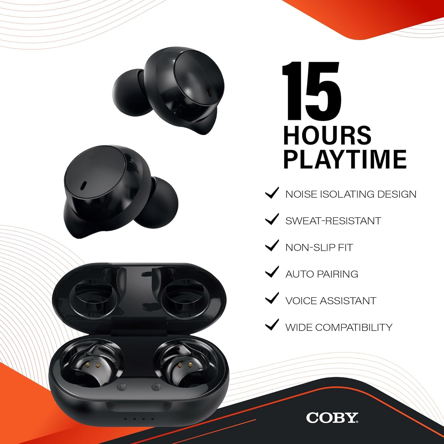 COBY Pro Fitness Bluetooth 5.3 True Wireless Earbuds, Noise-Isolating Earphones with Charging Case, Black